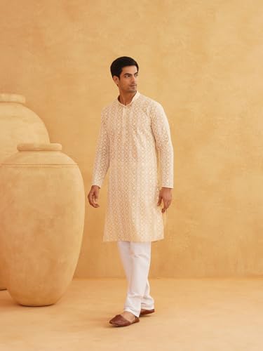 Sojanya (Since 1958 Men's Ethnic Motifs Embroidered Regular Thread Work Cotton Beige Long Kurta