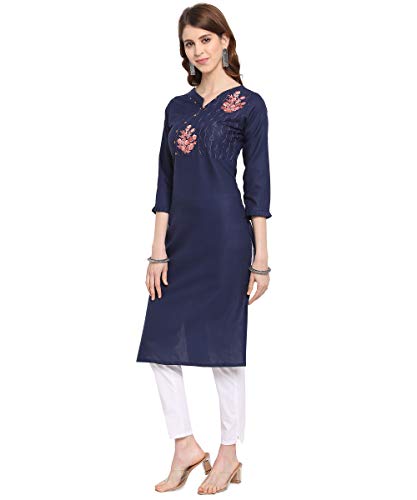 Image of EthnicJunction Women's Cotton Blend Floral Embroidered Straight Kurti (Royal Blue)