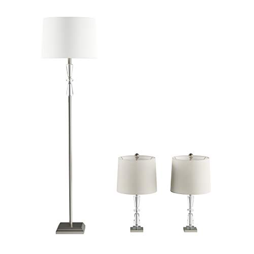 Crystal Double Tiered Lamps With Shades-Set Of 3 Faceted Brushed Silver Base Matching Table And Floor Lamps-Elegant Lighting-Home Décor By Lavish Home #TOP1