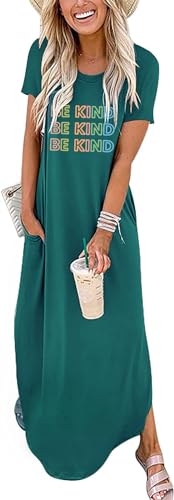 Vestidos casuales de verano para mujer, vestido largo de manga corta, cuello redondo, abertura lateral, vestido largo de verano con bolsillo, Aqua Be Kind, Large