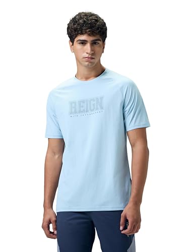 Image of TECHNOSPORT Men's Typography Printed T-Shirt COTFLEX Quick Dry Slim Fit Round Neck Sports Tee for Gym Running Casual Wear UPF50+ Anti Odour