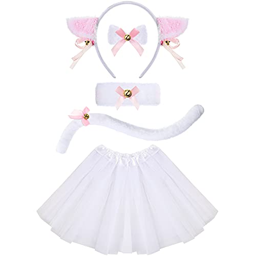Set de Disfraz de Cosplay de Gato Blanco de Niños Incluye Diadema con Orejas de Gato, Cola Blanca Cuello de Pajarita, Pulsera, Falda Tutú Blanca de Niños Fiesta de Halloween Cosplay Vestido