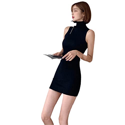 Women Turtleneck Thin Dresses Sleeveless Sweater Vest Solid Slim Mini Dress Black