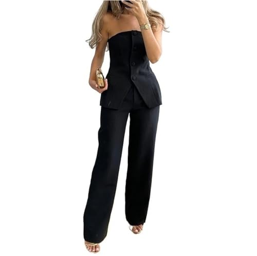 Generic Womens Sexy 2 Piece Suits Set Strapless Off Shoulder Blazers Tube Tops Party Clubwear Long Pants Summer Outfits (Color : Black, Size : XX-Large)