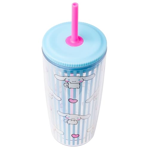 Image of Silver Buffalo Sanrio Hello Kitty Cinnamoroll, Tumbler with Straw, 20oz | Hello Kitty and Friends, Hearts and Blue Stripes, Plastic Cold Cup, Includes Lid, 0.59 Liters