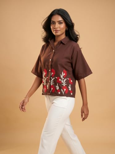 Image of Stylish Women's Embroidered Shirts | Geometric Pattern Half Sleeve Collared Button-Up Casual Shirt for Women