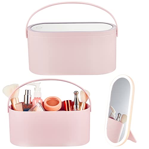 Cosmetics Box Portable Makeup Box with LED Lighted Mirror Travel Makeup Mirror for Women Multi Purpose Jewelry Organizer, 9.5 x 4.1 x 4.5 Inch, Without Battery No Power Storage Function (Pink) (Pink)