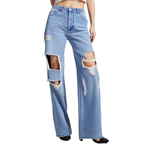 Baggy Mid Waisted Wide Leg Jeans for Woman Trendy, Inelastic Loose Fit Ripped Denim Jeans Distressed Denim Pants