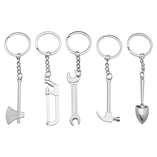 Micro Traders 5Pcs Simulation Tool Keychain Simulation Wrench Key Rings Metal Shovel Keyrings Alloy Decorative Keychains for Women Men Silver
