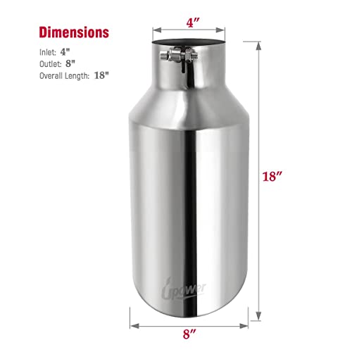 Upower 4" To 8" Exhaust Tip Mirror Polished 4 Inch Inlet 8 Inch Outlet Diesel Exhaust Tailpipe 18" Long 45 Degree Angle Cut Bolt-On Universal For Trucks Pickup Car #TOP3