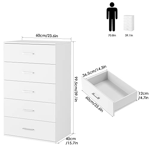 Ttview 5 Drawer Dresser Chest, Freestanding Dresser Storage Tower With Metal Handles, White Storage Cabinet For Living Room, Kitchen, Entryway, Closet #TOP2