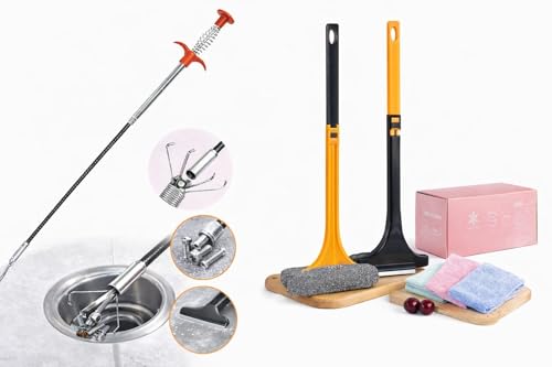 Image of Kitchen & Bathroom Cleaning Combo | Drain Cleaner Spring Tool + 2-in-1 Scrub Brushes + Microfiber Cleaning Cloth Box | Sink, Tiles, Glass & Floor Cleaner