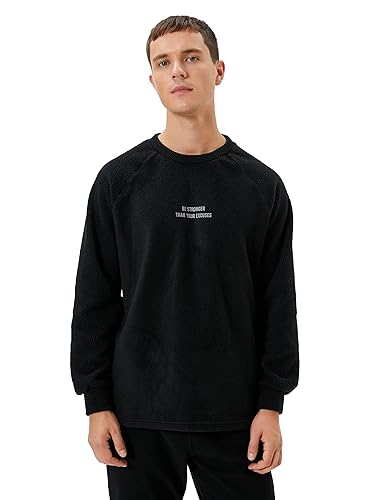 Koton Erkek Polar Sweatshirt Slogan İşlemeli Bisiklet Yaka Uzun Kollu, Siyah, S