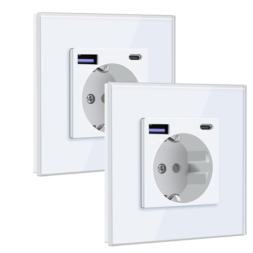 Miniatura 7 de BSEED Enchufe Schuko con USB C 20W 1 Gang 2 Pack, Enchufe de Pared con USB 16A con Placa de Cristal 86 * 86mm, Blanco