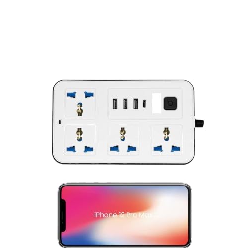Image of 4 AC Sockets, 3 USB Ports, Type-C Port 2500W Rated Power, 10A Heavy Duty Extension Cord | Surge Protection for Home, Office, Hotels, PC 8-in-1 Power Strip (Black)