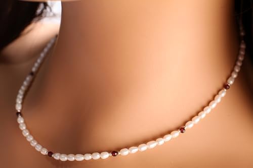 Freshwater Pearl with Genuine Garnet, 925 Sterling Silver spacer and Clasp Necklace, Choker, Layering, Minimalist Holiday Gift - Image 4