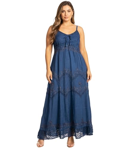 Image of Sakkas Stonewashed Rayon Embroidered Adjustable Spaghetti Straps Long Dress