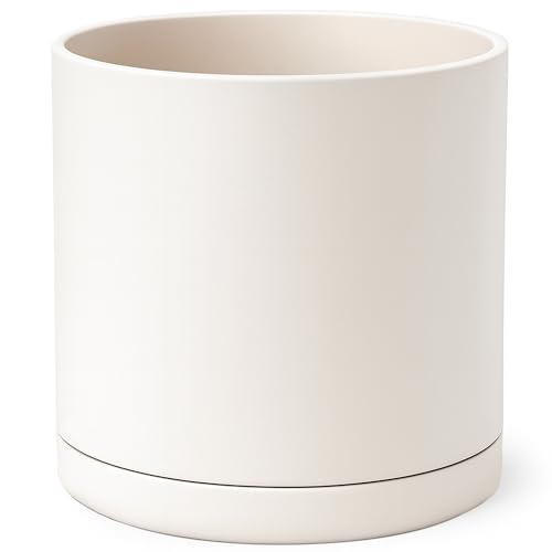 D'vine Dev 16 Inch Plastic Planter Pots for Plant Pot with Drainage Hole and Seamless Saucers, Oatmeal, 74-X-H-5