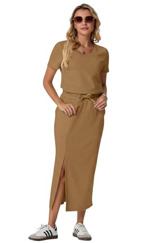 Image of GRECERELLE Women Summer Casual 2 Piece Sets V-Neck Wrinkle-Free Top & Elastic Waist Midi Side Slit Skirt with Pockets