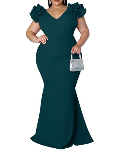 Image of Ekaliy Women's Plus Size Maxi Dress Elegant V-Neck Ruffle Sleeves Bodycon Mermaid Evening Gown
