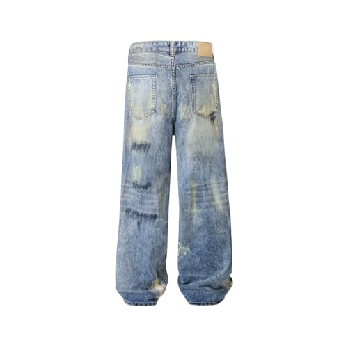 Jeans Pants Trouser Denim Retro Trendy Streetwear Spray Washed Blue Straight Leg for Men4