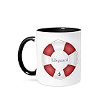 3dRose Lifeguard lifesaver Swimming pool life saver preserver - sea beach life guard red and white float 11oz Two-Tone Black Mug