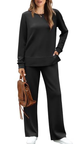 Image of WIHOLL Women's 2 Piece Lounge Sets Sweatshirt Casual Travel Outfits Fashion Wide Leg Tracksuit Cozy Sweatsuits