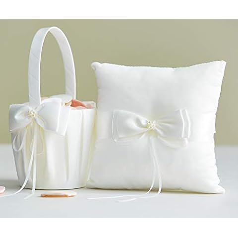 ATAILOVE Wedding Flower Girl Basket and Ring Bearer Pillow Set, Simple Bow Pearl Collection - Ivory Cover