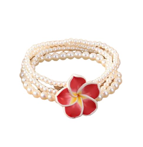 MMIUAEG 2Pcs Hawaiian Plumeria Rubra Bracelets Bohemian Polymer Clay Beaded Stretch Bracelet for Women Tropical Flower Summer Beach Boho Jewelry (Pearl-Red)