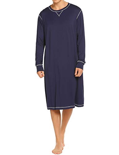 Ekouaer Sleepwear Mens Long Sleeve Nightshirt Long Nightgown Soft Pajamas Sleep Shirt ,Navy,X-Large