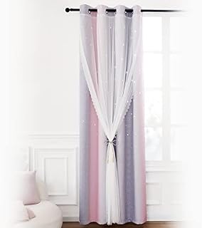 Anjee Kids Star Blackout Curtains for Girls Bedroom 1 Panel Ombre Colourful Cut Out Stars Thermal Eyelet Curtains with White Sheer for Baby Living Room Nursery Drape 52 x 45inch,Pink Grey