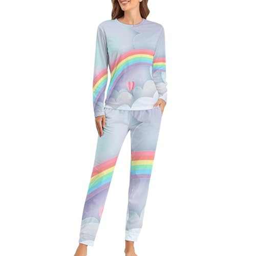Pyjama femme avec t-shirt manches longues et pantalon imprimé ballon arc-en-ciel