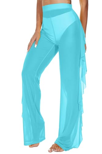Image of Jumppmile Women's Ruffle Sheer Mesh Swimwear Bikini Cover Up Pants See Through