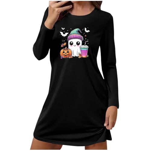 Ghost Nightgown Women Long Sleeve Crew Neck Lightweight Mini Dress Fall Spring Casual Loose Halloween Tunic Pajamas Black