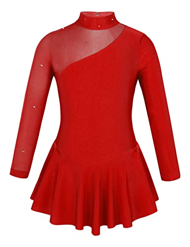 MSemis Vestido Patinaje de Manga Larga para Niña Leotardos de Danza Maillot con Falda Gimnasia Rítmica con Pedrería Brillante Disfraz de Bailarina 4-16 Años A Rojo 8 años
