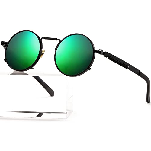 AIEYEZO Round Steampunk Sunglasses Trendy Retro Circle Glasses Gothic Metal Frame 100% UV Blocking Lens