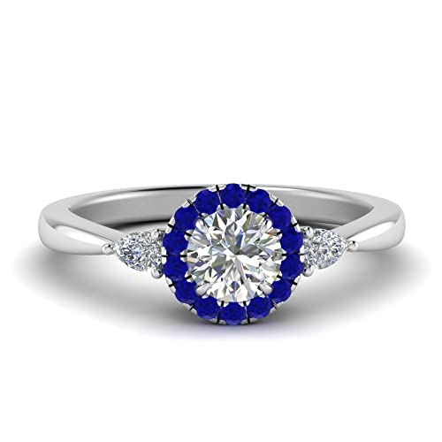 Image of Sterling Silver Sapphire & CZ Diamond Halo Engagement Ring with Pear Accent, Round Shape, Wedding & Everyday Jewelry for Women, US Sizes 4-12