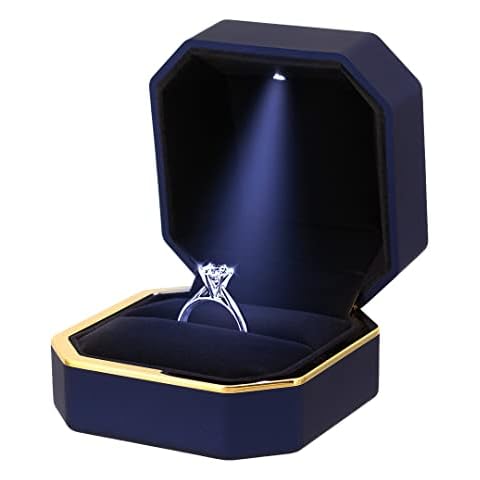 Multifit Square Shape Velvet Proposal Engagement Ring Box Case LED Light Jewelry Coin Gift Box(Blue) Cover