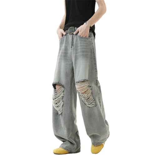 Men’s Loose Fit Denim Pants, Hole Design, Solid Color, Straight Baggy Jeans, Trendy Summer Fashion