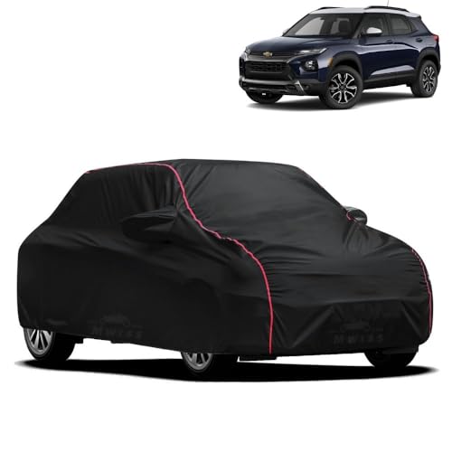 Image of Waterproof Car Cover for Chevrolet Trailblazer | All-Weather Protection, Dustproof & UV Resistant | Triple Stitched Mirror Pockets, Windproof Buckle Strap with Elastic Hem, Black-Red Piping
