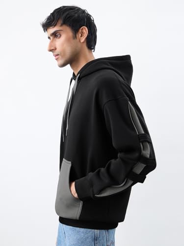 Image of The Souled Store: Dark Steel Men and Boys Full Sleeves Hooded Neck Black and Grey Colour-Block Cotton Blend Premium Heavy Fleece Pullover Oversized Hoodie