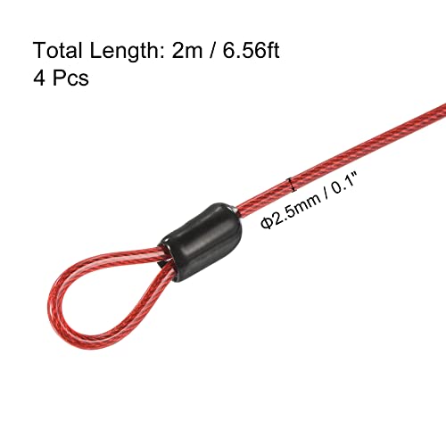 PATIKIL Security Steel Cable 2.5mm x 2m/6.56ft Coated Luggage Lock Wire Rope with Double Loop Red 4 Pack, 2.5mmx2m - Image 2