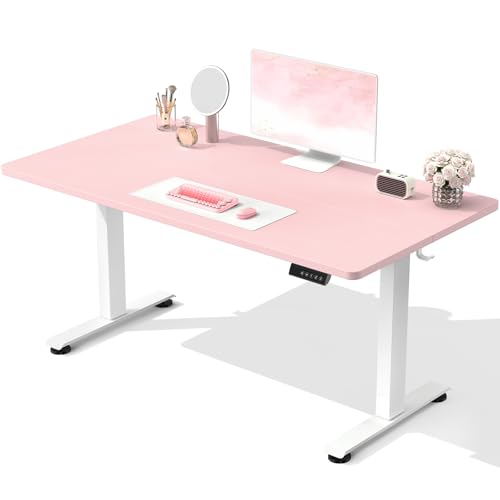 Image of Veken 55 Inch Large Electric Standing Desk, 4 Memory Heights Adjustable,Sit to Stand Up, Work Home Office Computer Table for Study, Walking Pad, Writing, and Games, Wooden Desktop Desks, Pink