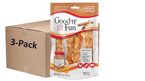 Good ’n’ Fun Triple Flavor Small Rolls with Peanut Butter, Chews with Rawhide for Dogs Made with Chicken, Peanut Butter and Pork Flavor, 12 Count (3 Packs of 4 Count)