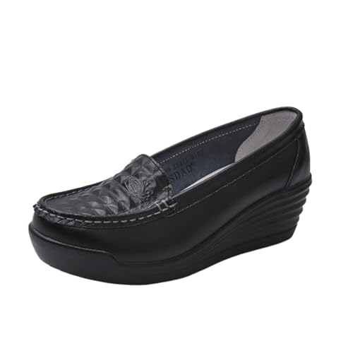 Image of Women's Leather Breathable Wedge Heel Nurse Loafers Comfortable Round Toe Platform Non-Slip Hollow Breathable Slip-On Work Shoes Mother Shoes