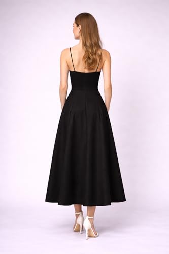 Image of Women's Spaghetti Strap Midi Dress, Fit and Flare A-Line Silhouette, Square Neck Summer Sundress