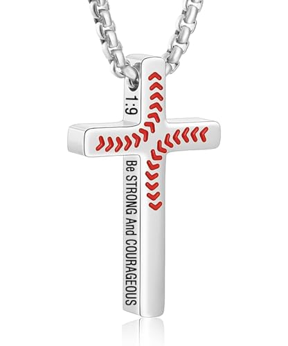 LSKFW ベースボールネックレス 男性用 確認 聖書の言葉 野球 ステンレススチール クロスペンダントネックレス 18+2インチ, 2XL, ステンレス鋼, 宝石なし