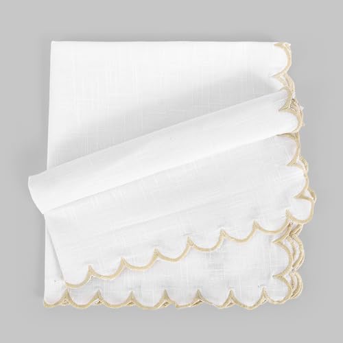 Image of FINGERCRAFT Scallop Edge Cloth Napkins | Set of 6 | 20x20 Inches | 100% Cotton | Table Napkins for Any Occasion | Washable, Perfect for Parties and Everyday Use (White Slub, Set of 6)