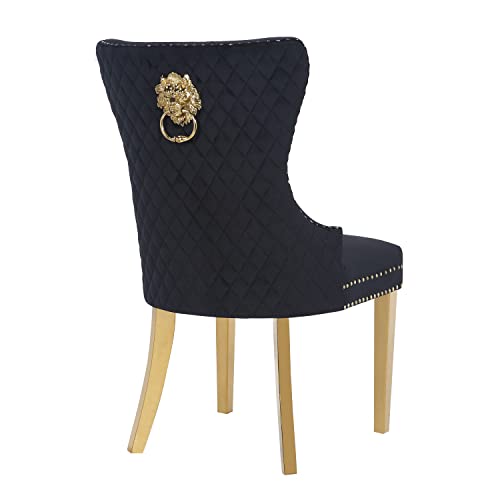 Velvet Upholstered Dining Chairs Set of 2, Modern Dining Room Tufted Chairs, Armless Accent Chair with Wing Back, Back Pull Ring, Nailhead Trim and Gold Legs for Dining Room and Kitchen, Black