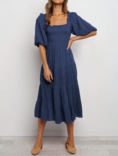 Image of R.Vivimos Women's Summer Cotton Lantern Sleeves Ruffled Off Shoulder A-Line Midi Dresses